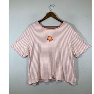 Tropical Hibiscus Coral Bay Plus Womens 2X Pink White Striped Cotton T-Shirt